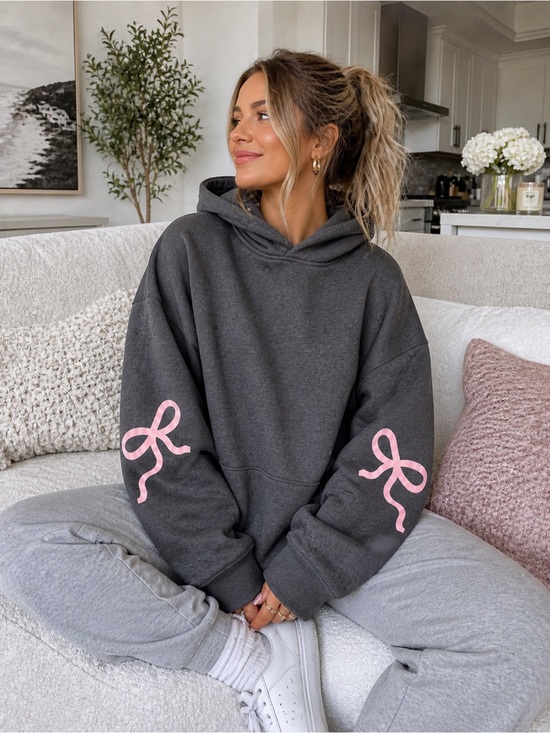 Tops - Dark Grey Pink Bow Hoodie Coquette Sweatshirt Cozy Athleisure XS